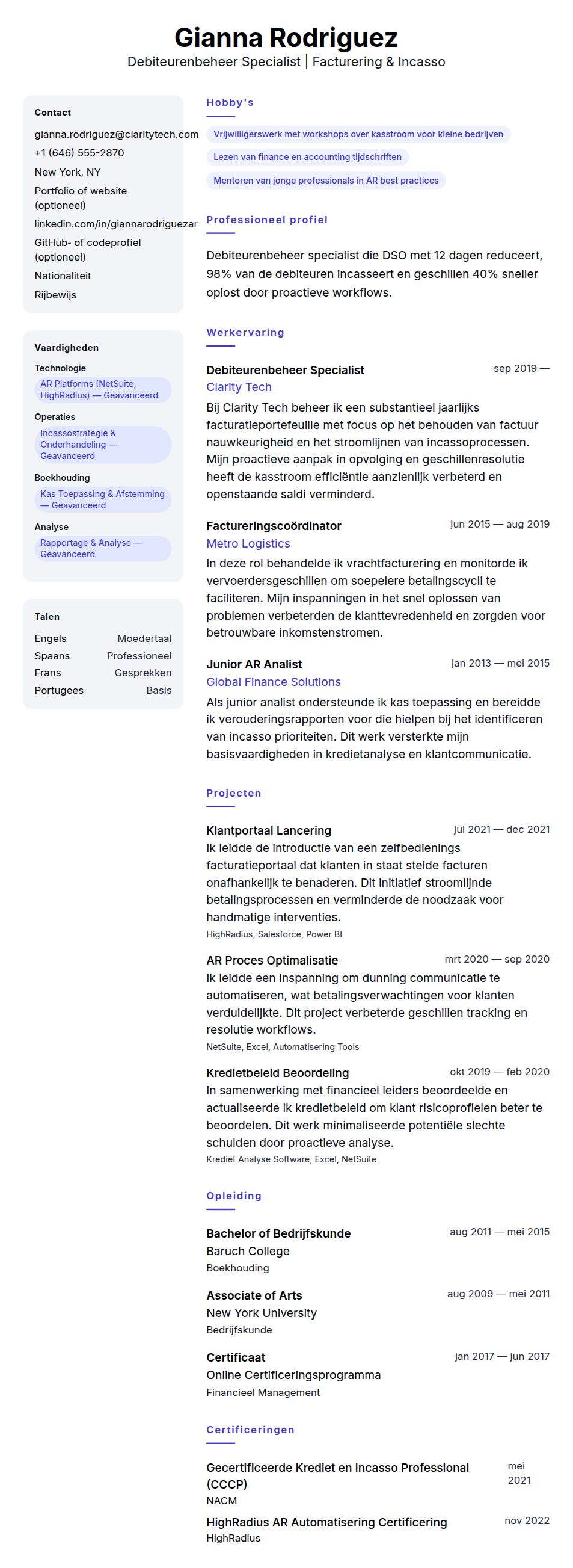 Cv-voorvertoning voor Debiteurenbeheer Specialist CV Voorbeeld