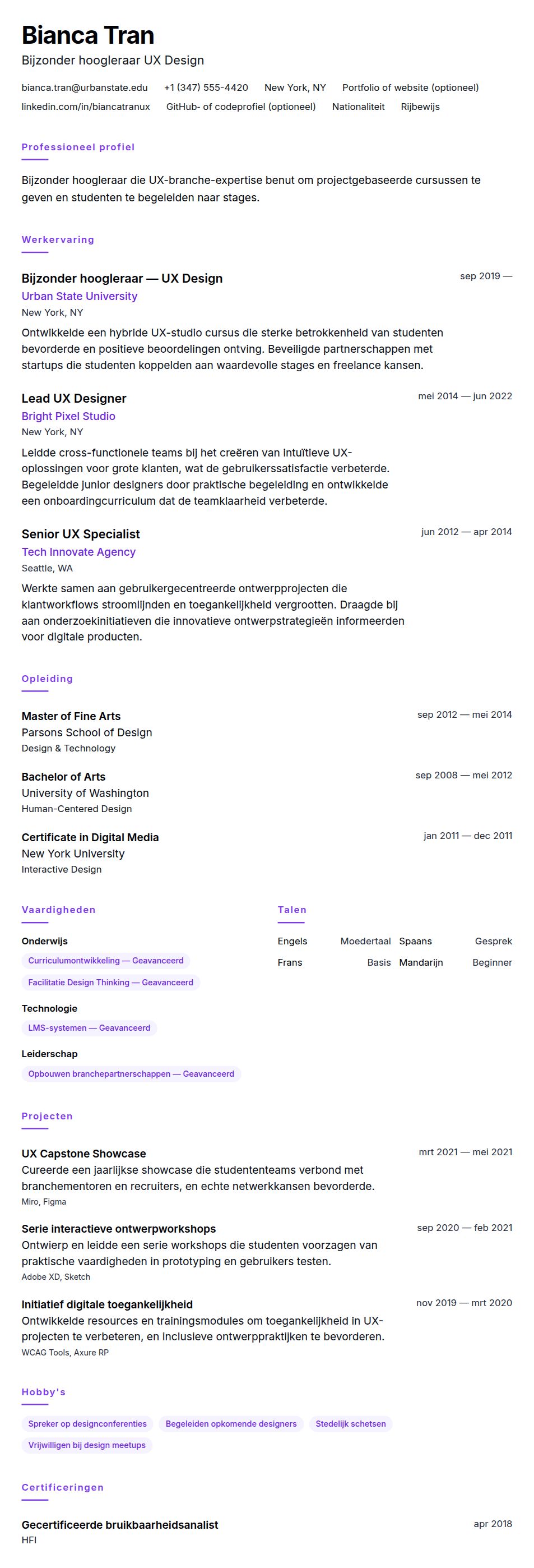 Cv-voorvertoning voor Voorbeeld cv bijzonder hoogleraar