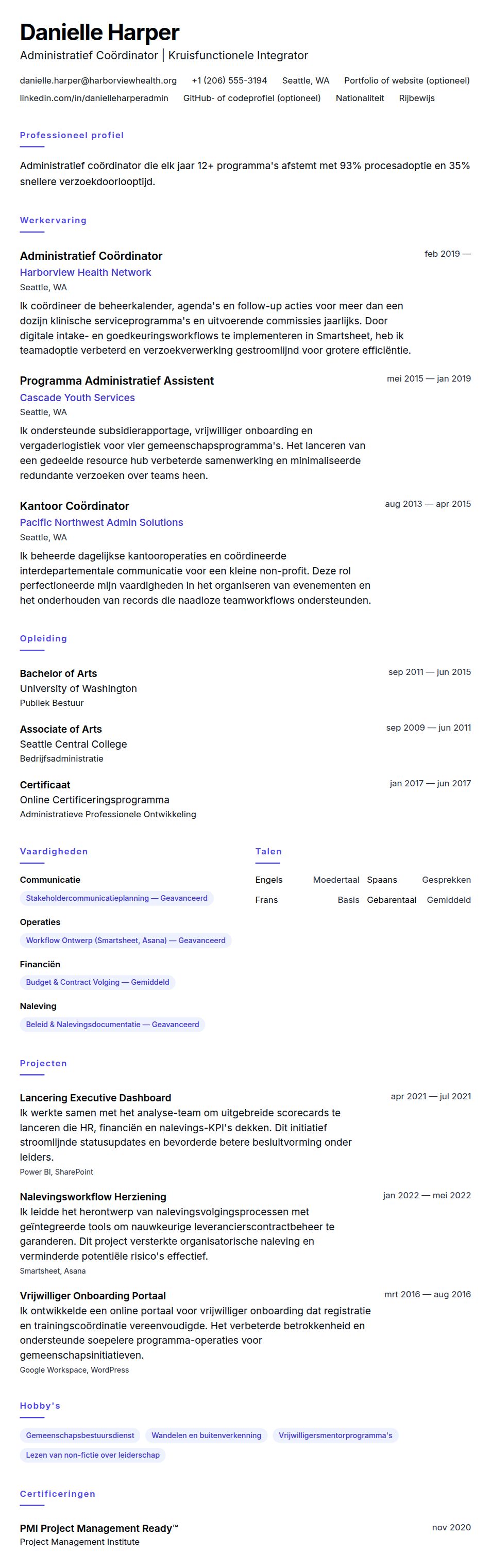Cv-voorvertoning voor Voorbeeld CV Administratief Coördinator