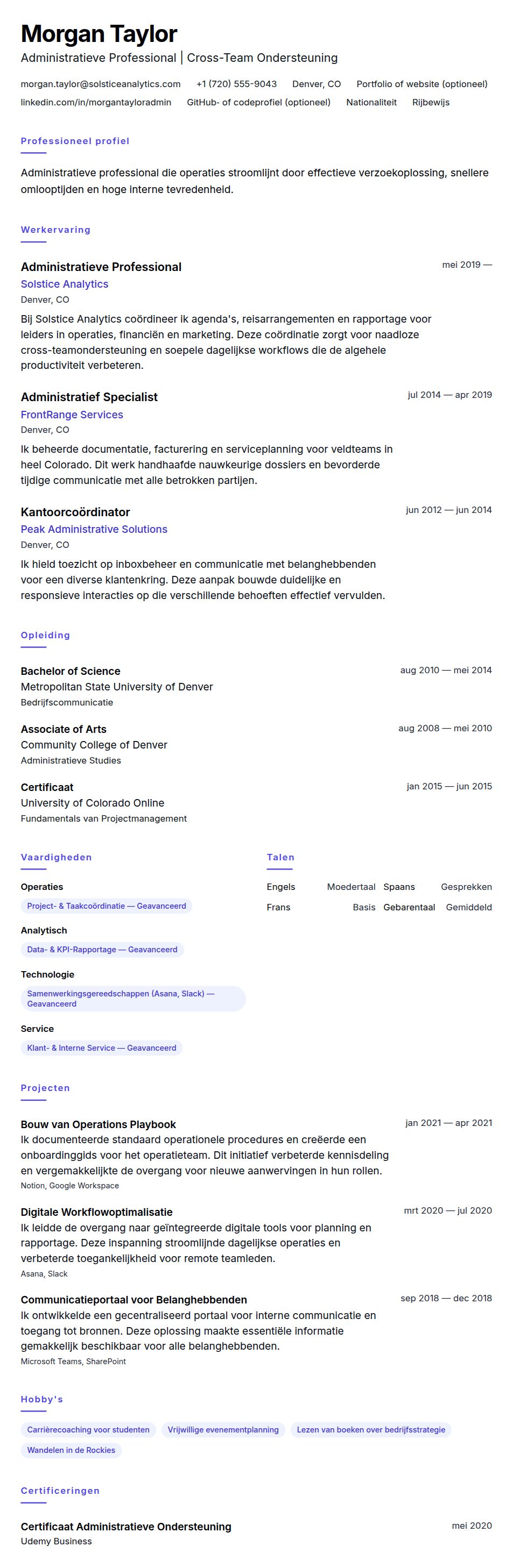 Cv-voorvertoning voor Voorbeeld CV Administratieve Professional
