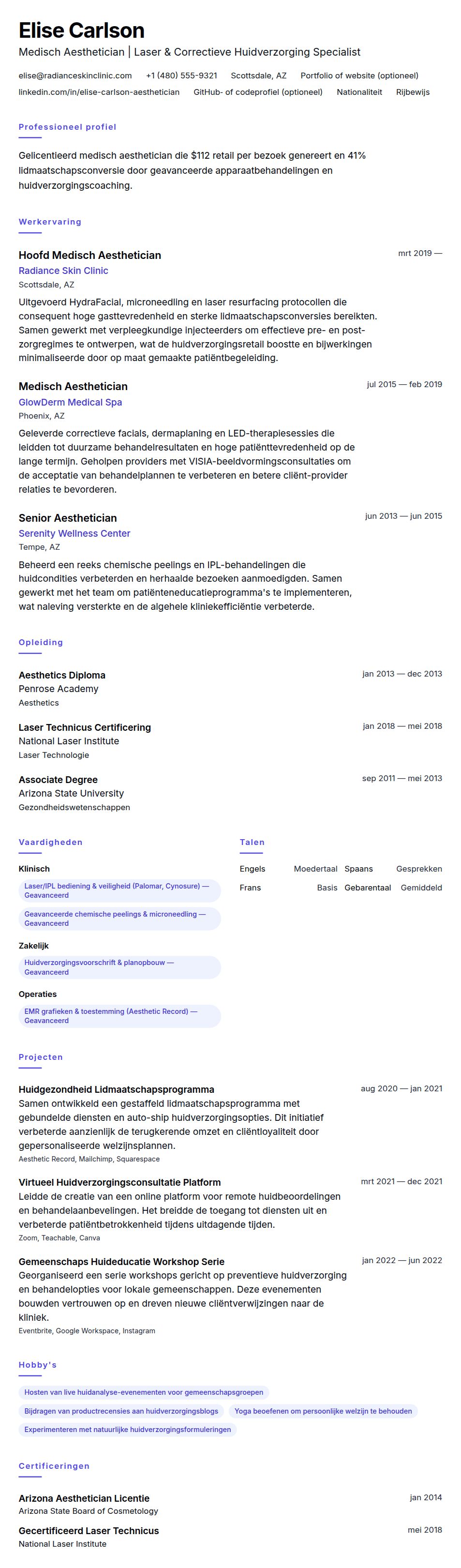 Cv-voorvertoning voor Medisch Aesthetician CV Voorbeeld