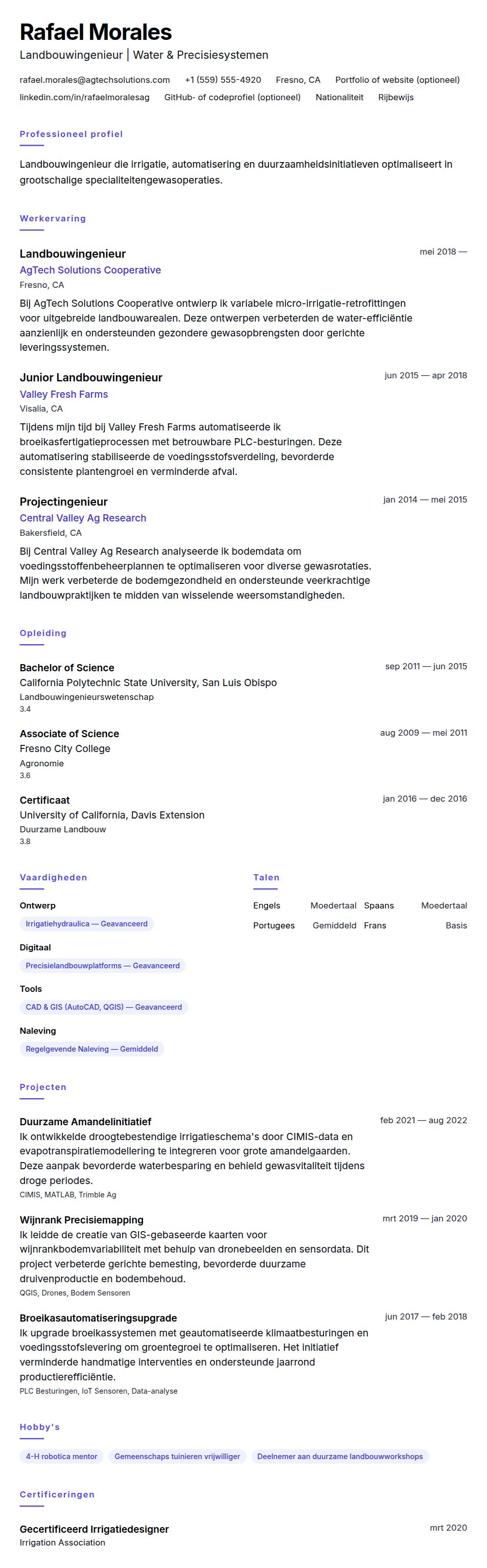 Cv-voorvertoning voor Landbouwingenieur CV Voorbeeld