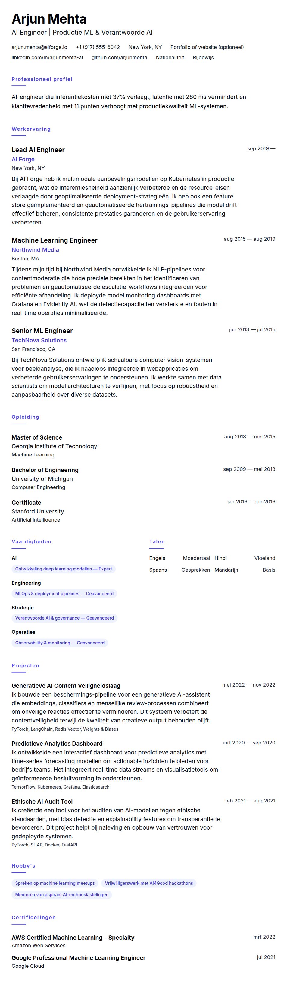Cv-voorvertoning voor Voorbeeld CV AI Engineer