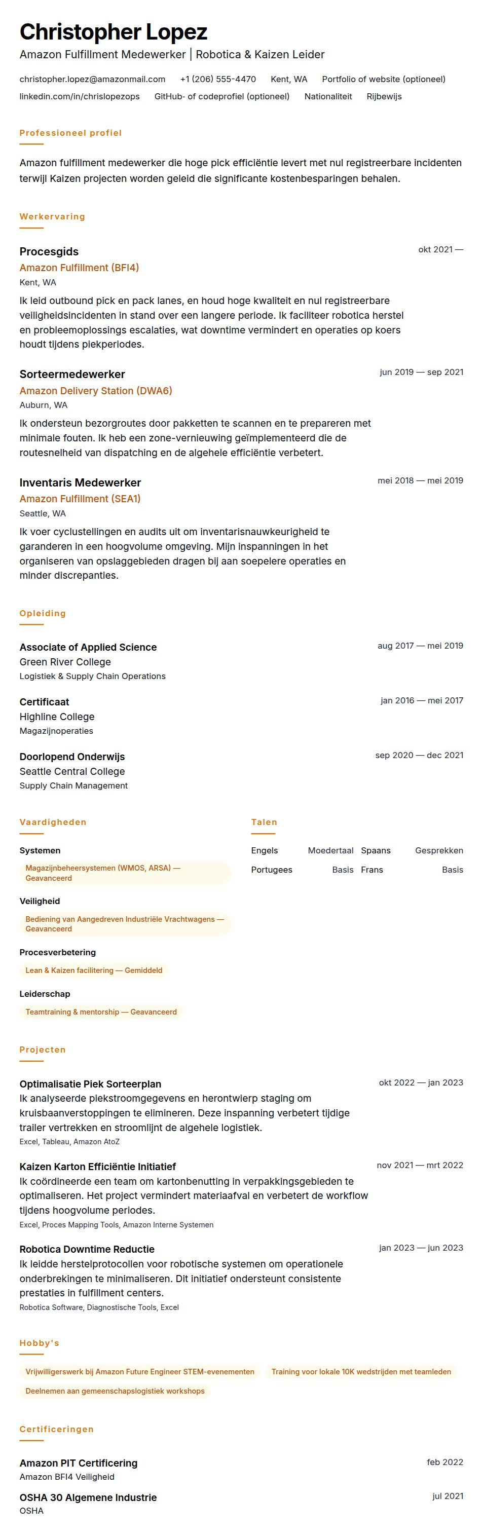 Cv-voorvertoning voor Voorbeeld CV Amazon Medewerker