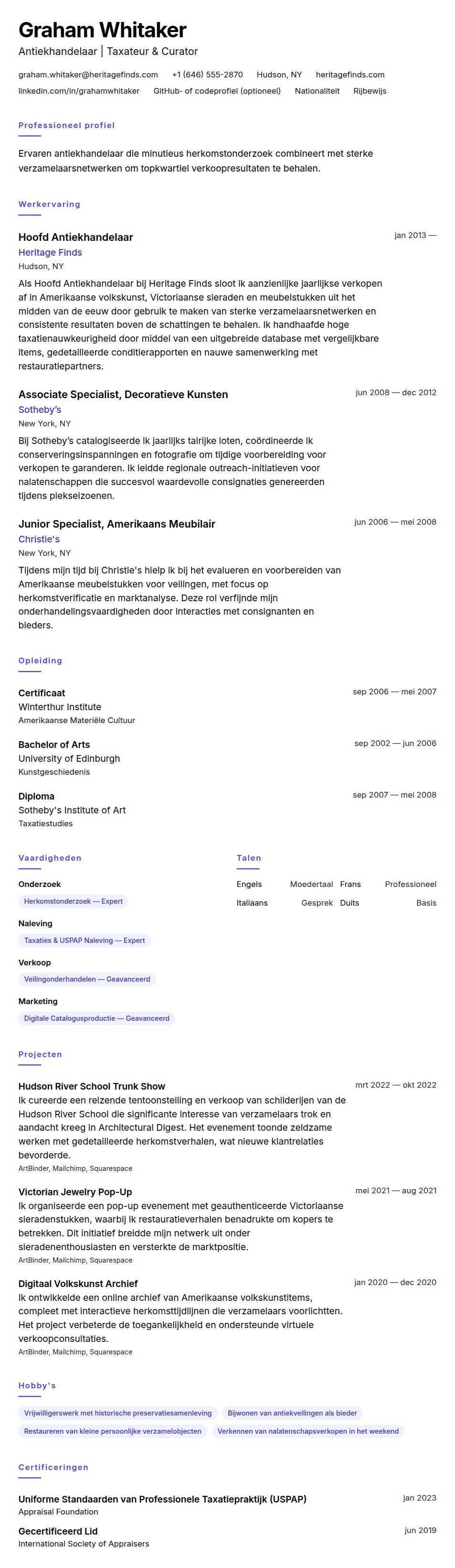 Cv-voorvertoning voor Voorbeeld cv Antiekhandelaar