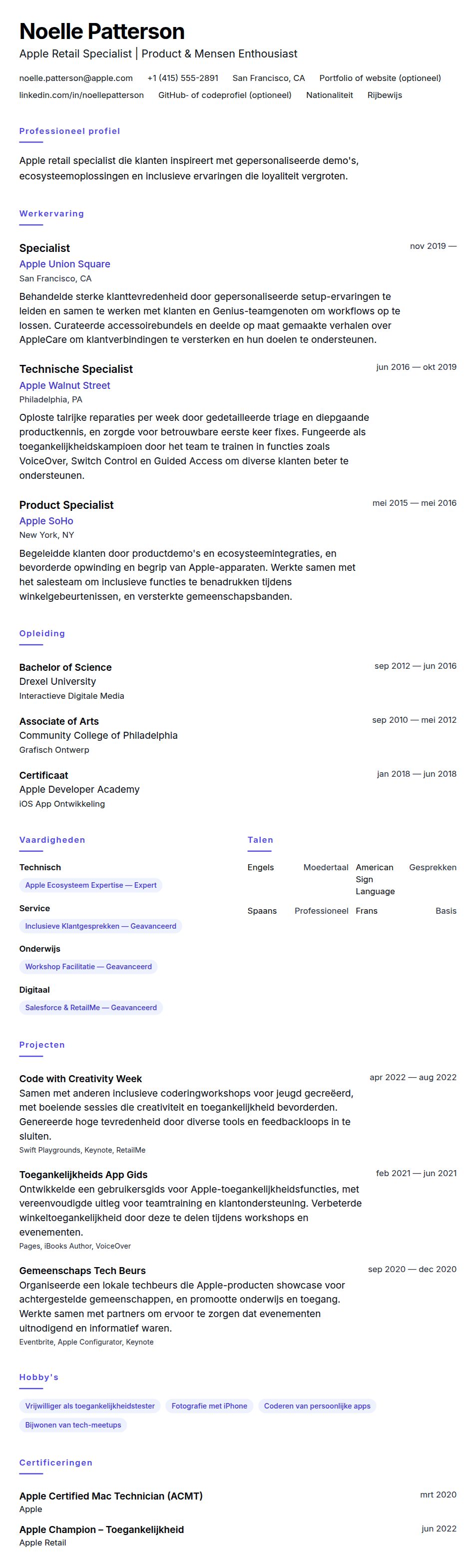 Cv-voorvertoning voor Apple Retail Specialist CV-voorbeeld