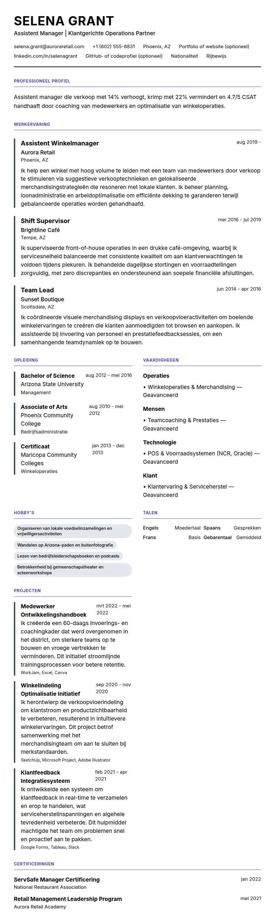 Assistent Manager CV Voorbeeld