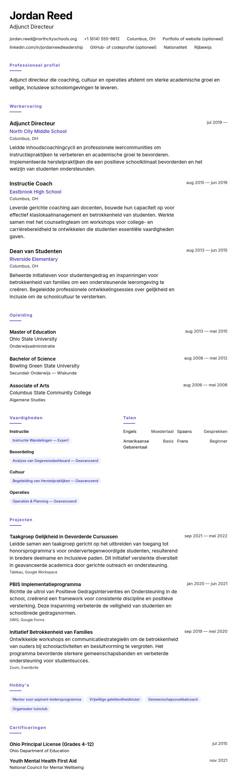 Cv-voorvertoning voor Voorbeeld CV Adjunct Directeur