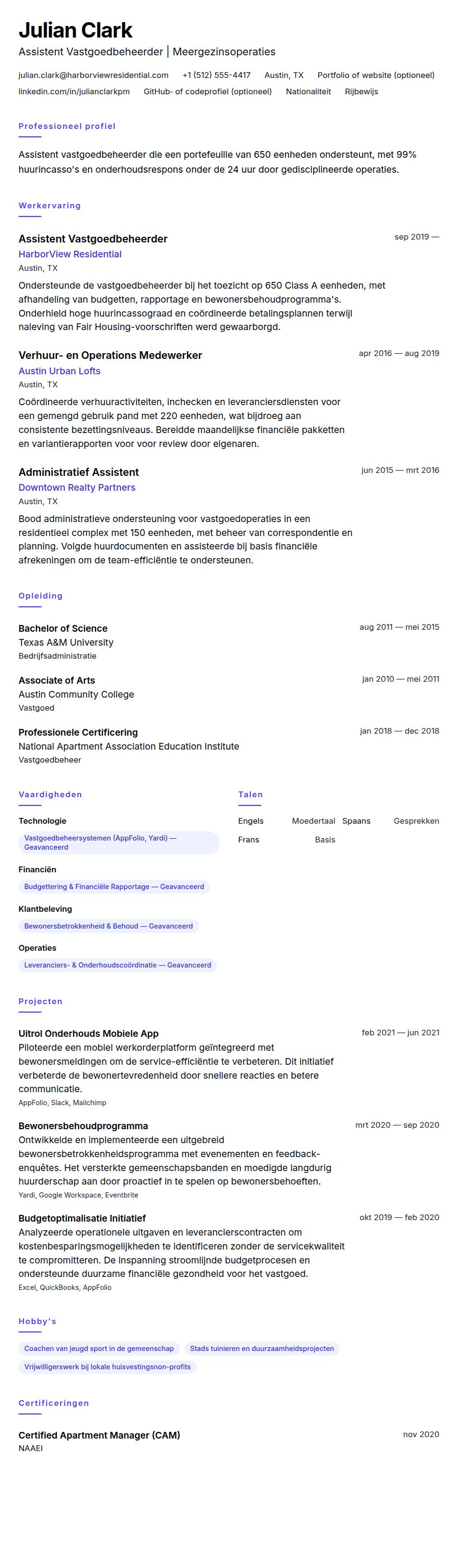 Cv-voorvertoning voor Voorbeeld CV Assistent Vastgoedbeheerder