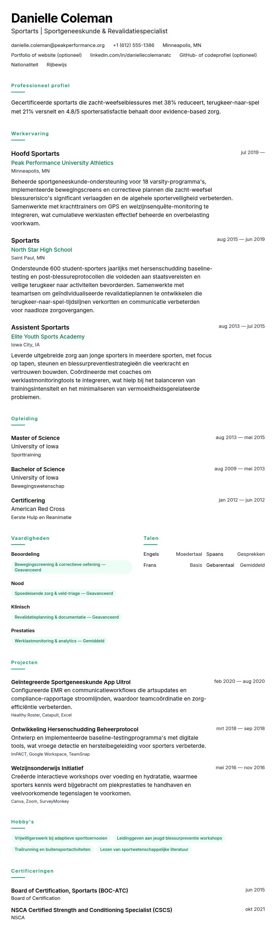Cv-voorvertoning voor Sportarts CV-voorbeeld