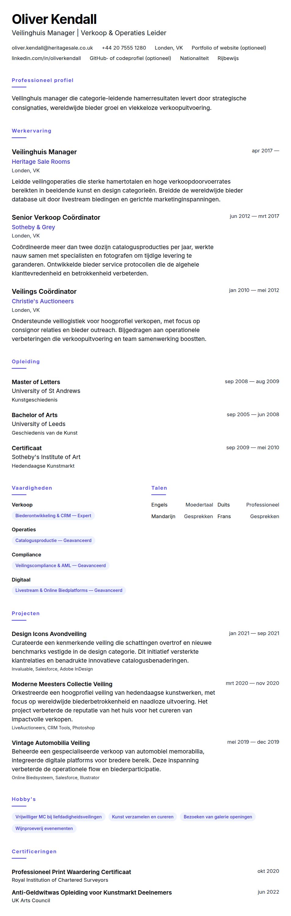 Cv-voorvertoning voor Veilinghuis Manager CV Voorbeeld