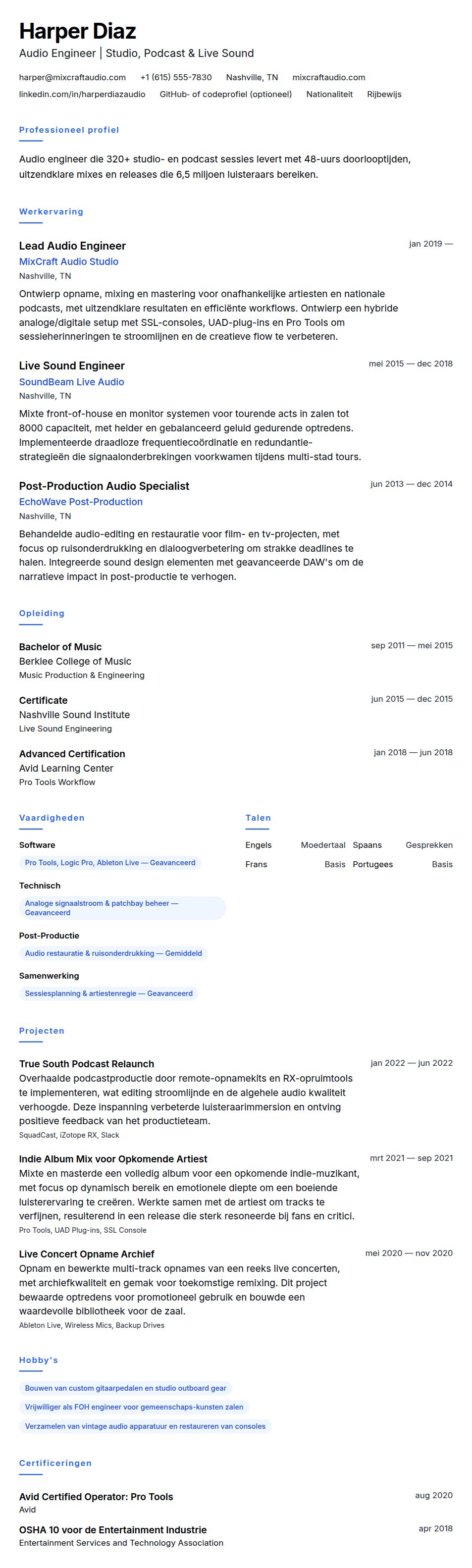 Cv-voorvertoning voor Voorbeeld CV Audio Engineer