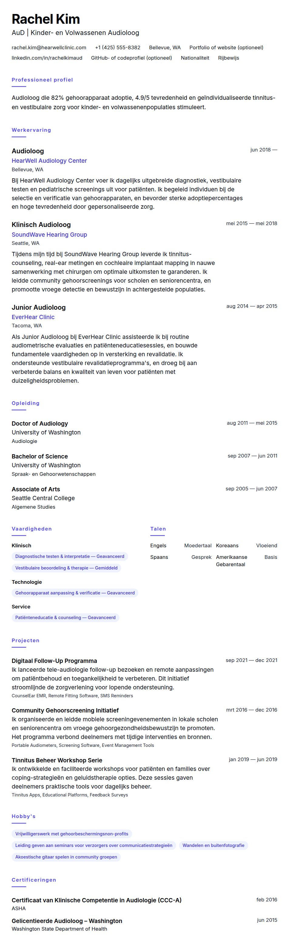 Cv-voorvertoning voor Audioloog CV Voorbeeld