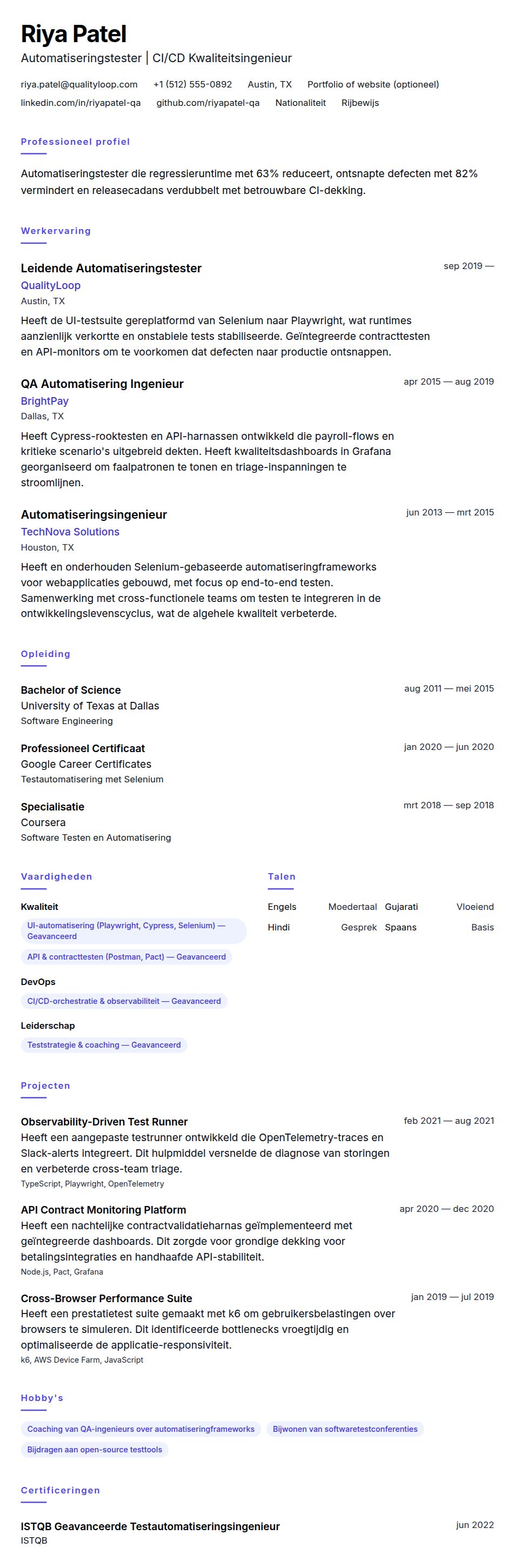 Cv-voorvertoning voor Voorbeeld CV Automatiseringstester