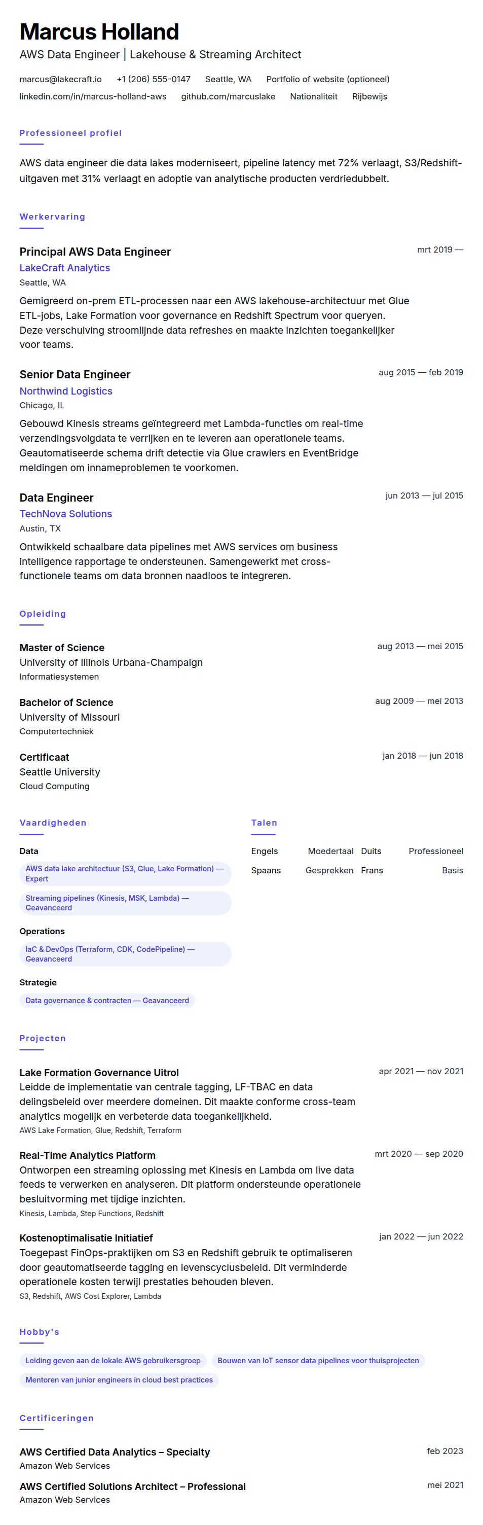 Cv-voorvertoning voor Voorbeeld CV AWS Data Engineer