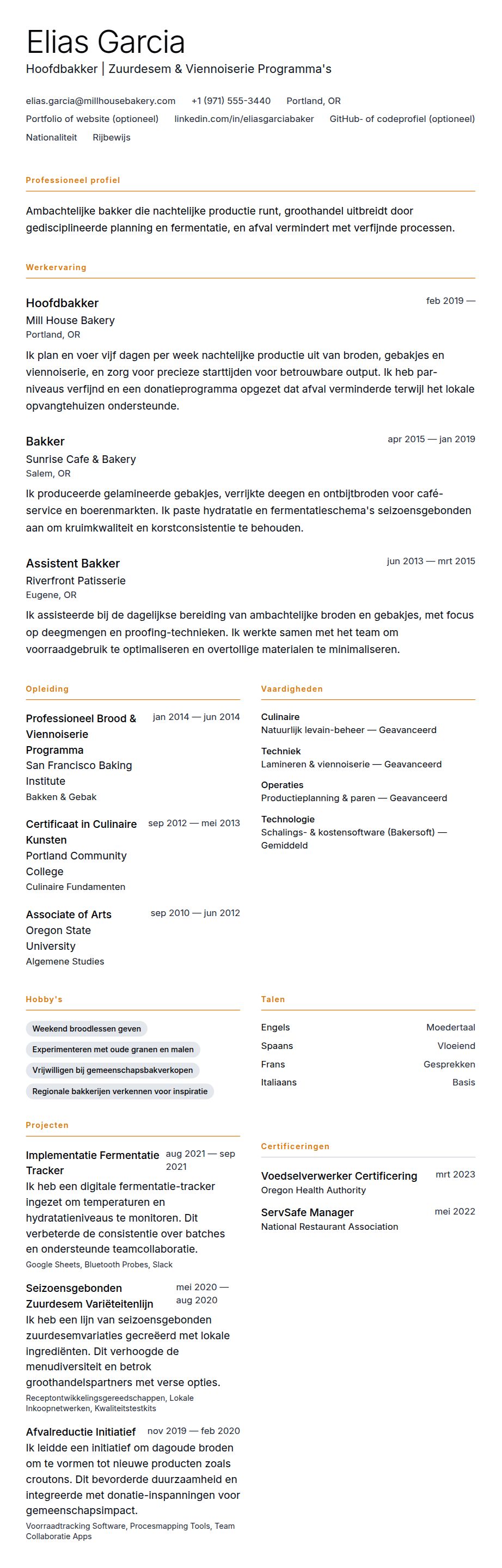 Cv-voorvertoning voor Voorbeeld Baker CV