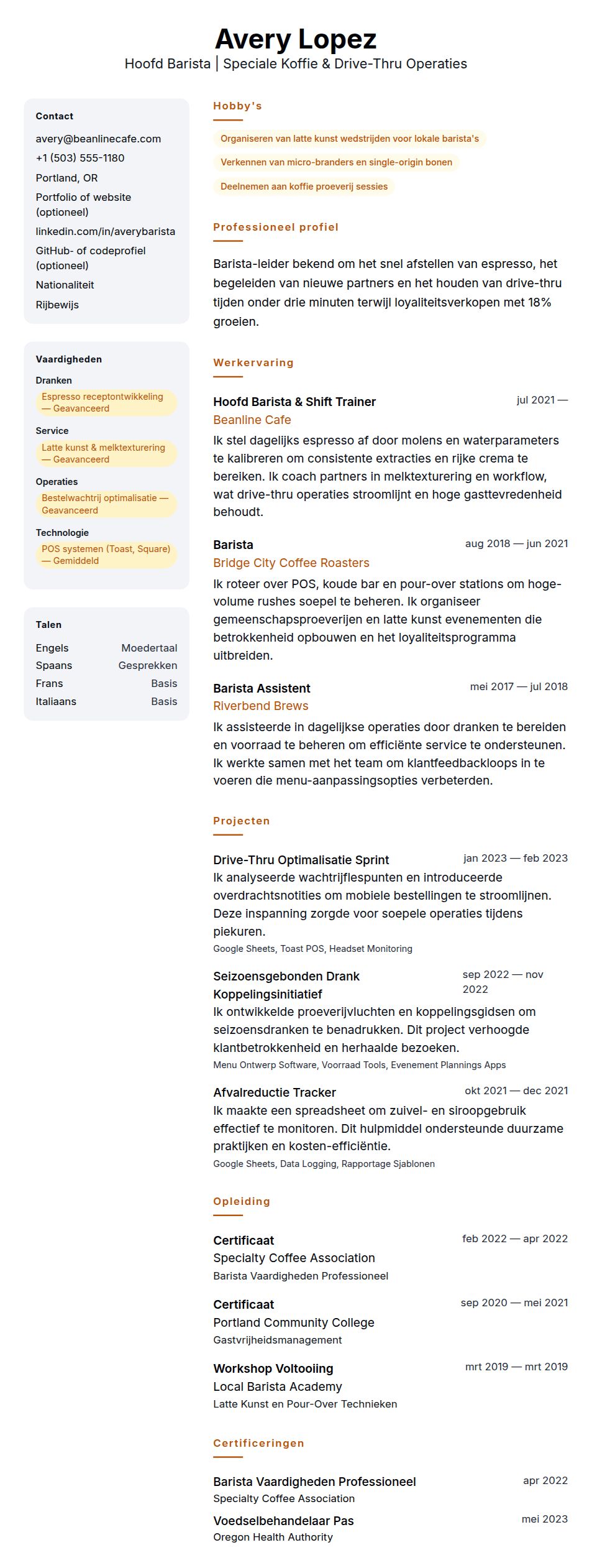 Cv-voorvertoning voor Barista CV Voorbeeld
