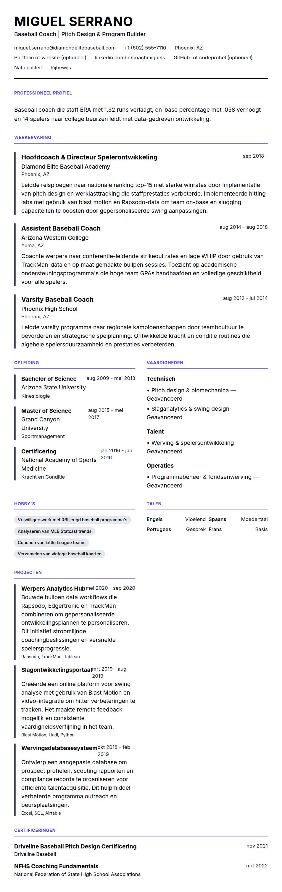 Cv-voorvertoning voor Voorbeeld cv Baseball Coach