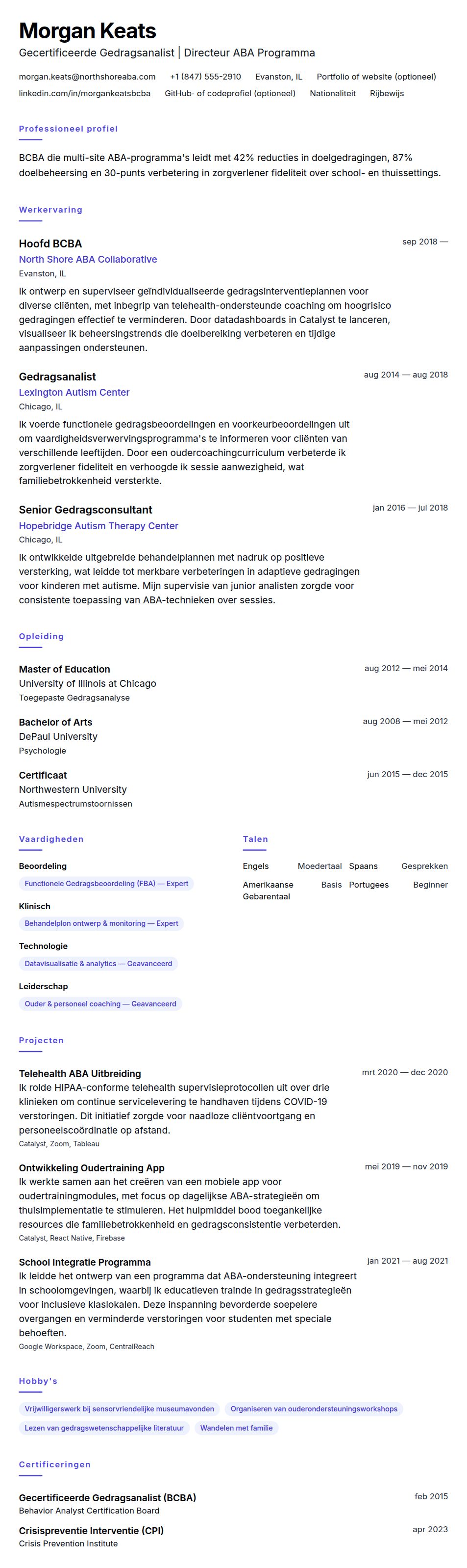 Cv-voorvertoning voor Voorbeeld CV Gecertificeerde Gedragsanalist (BCBA)