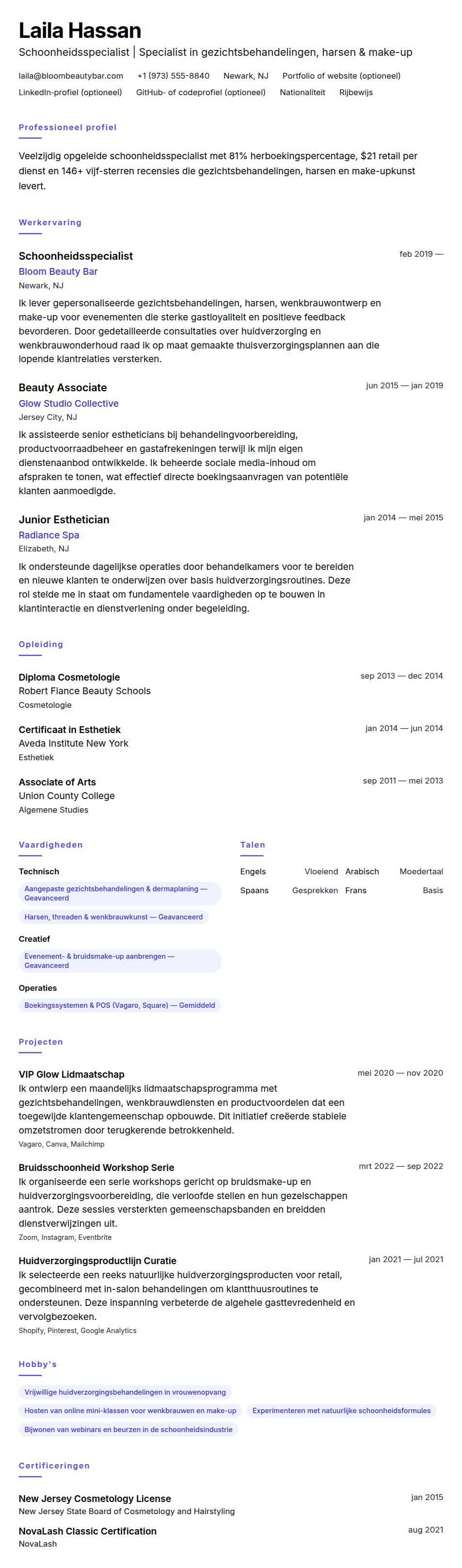 Voorbeeld cv schoonheidsspecialist
