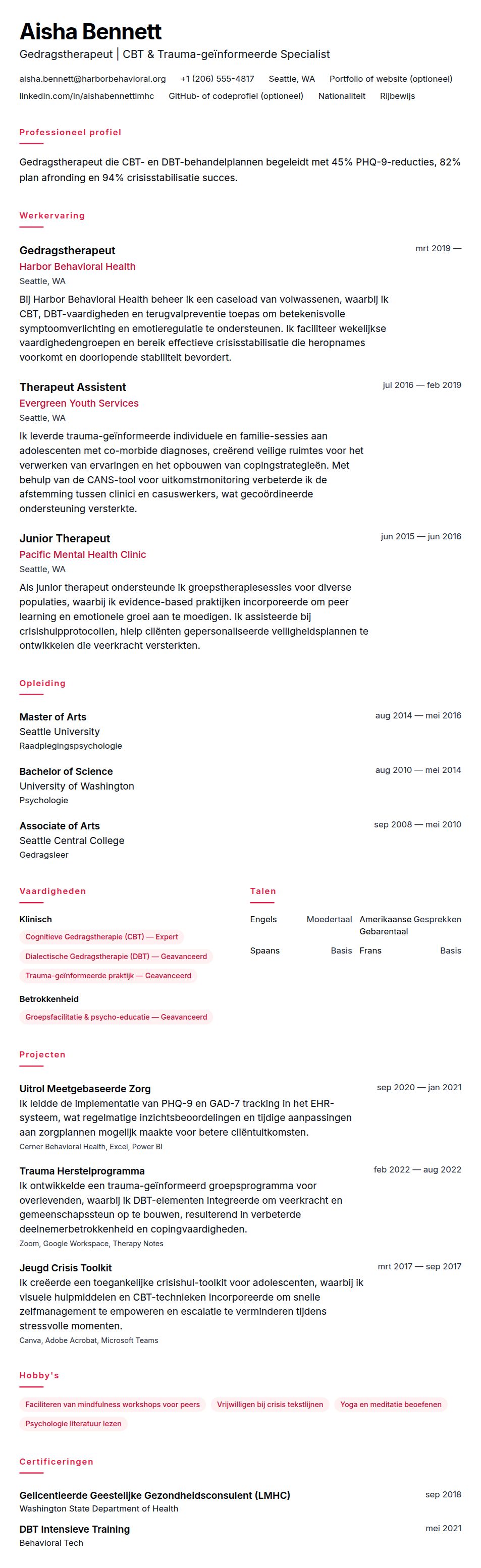 Cv-voorvertoning voor Voorbeeld CV Gedragstherapeut