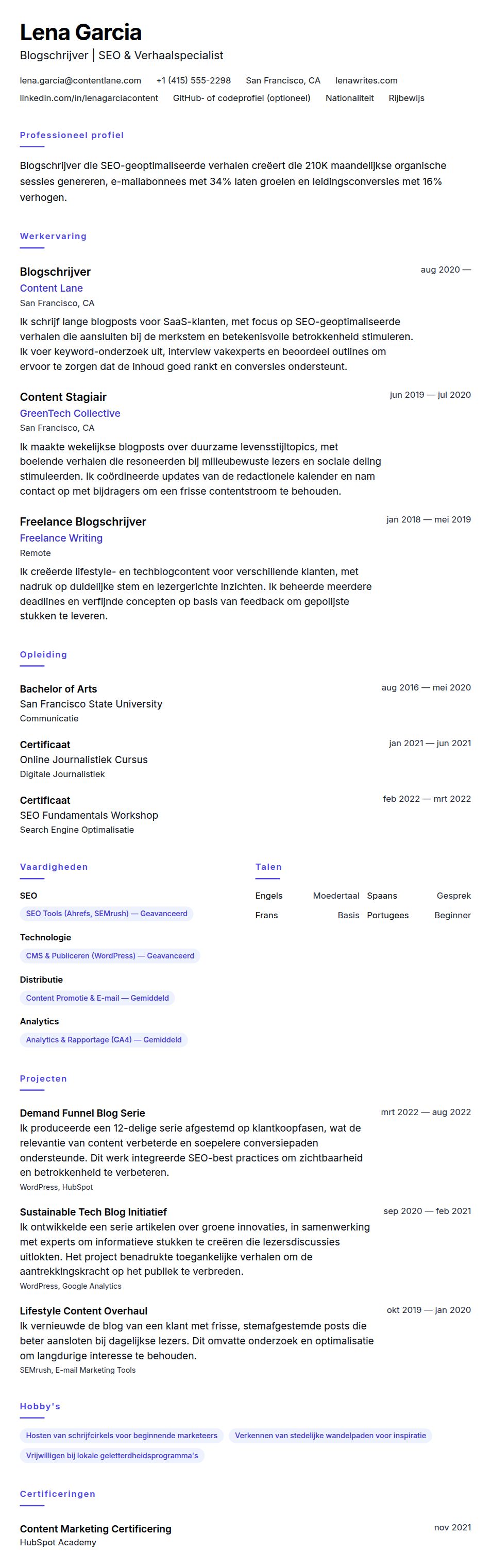 Cv-voorvertoning voor Voorbeeld cv Blogschrijver
