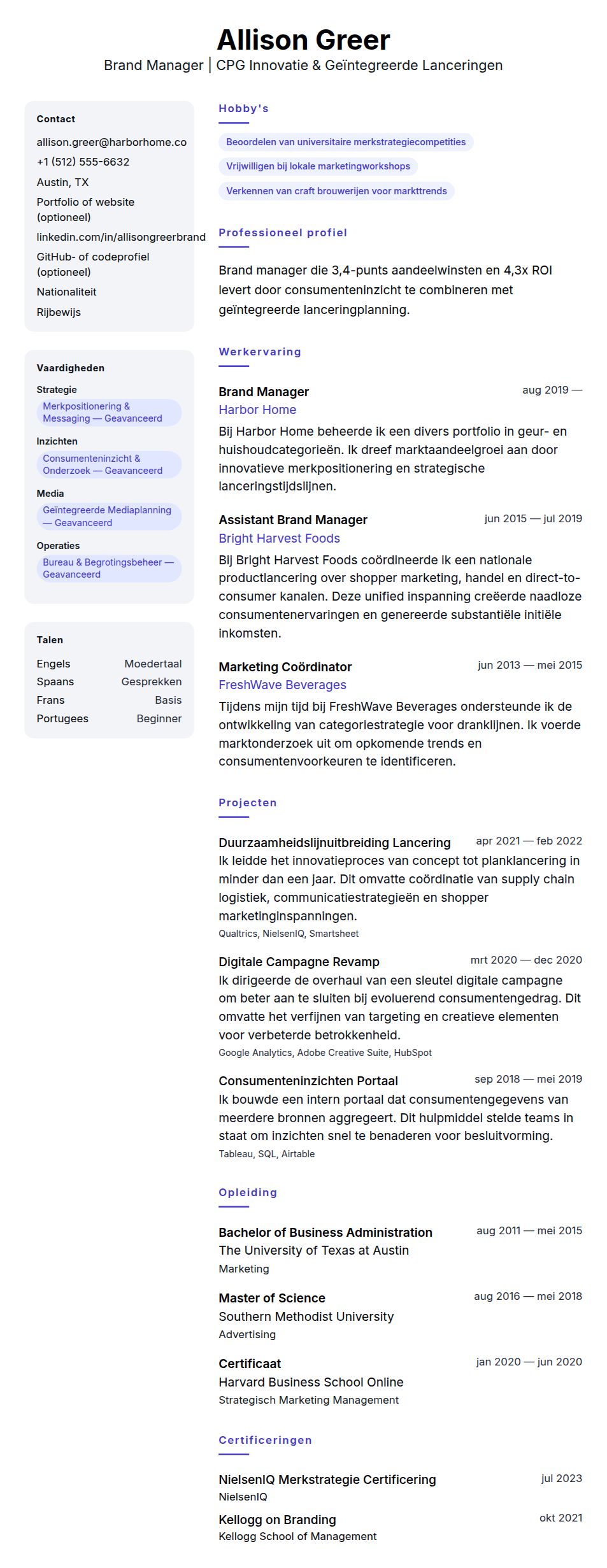 Cv-voorvertoning voor Brand Manager CV Voorbeeld