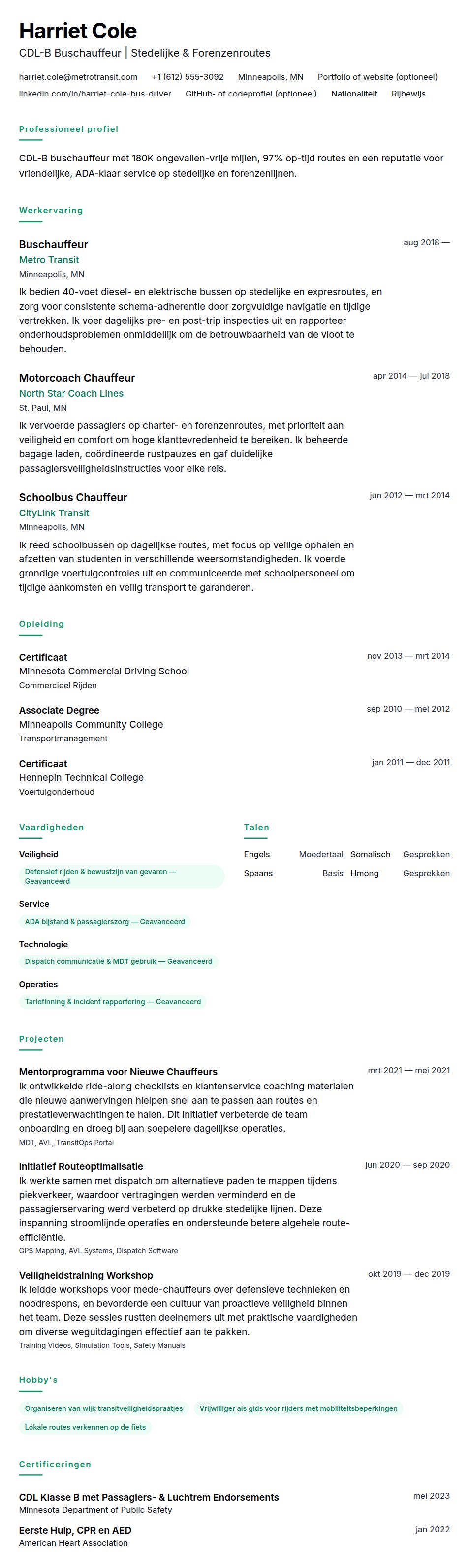 Voorbeeld CV Buschauffeur