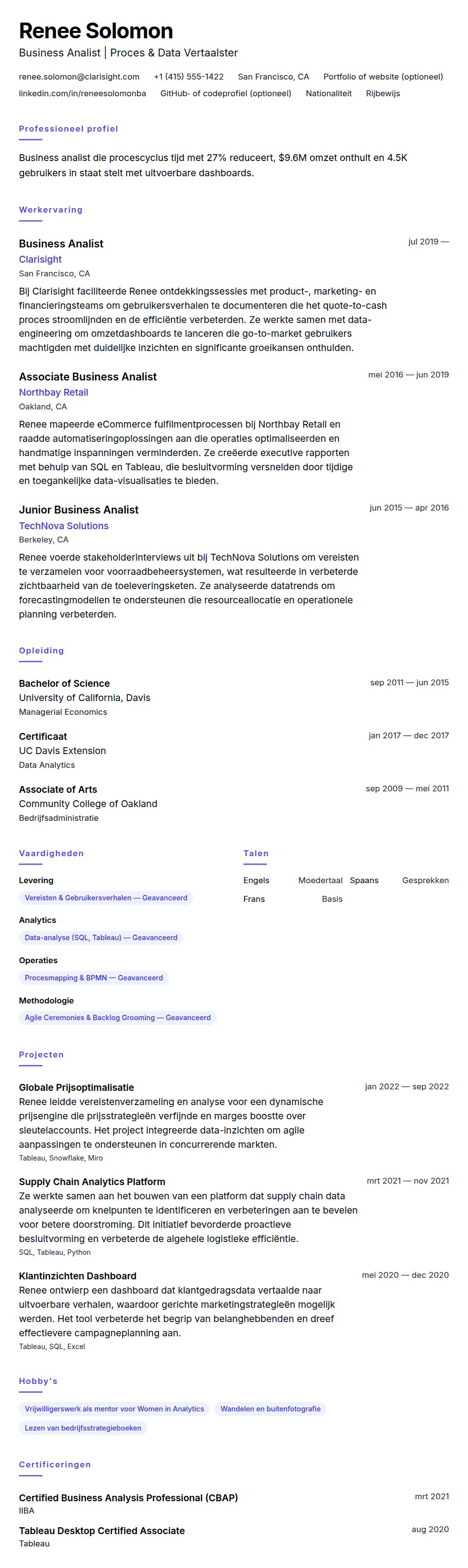 Cv-voorvertoning voor Business Analist CV Voorbeeld