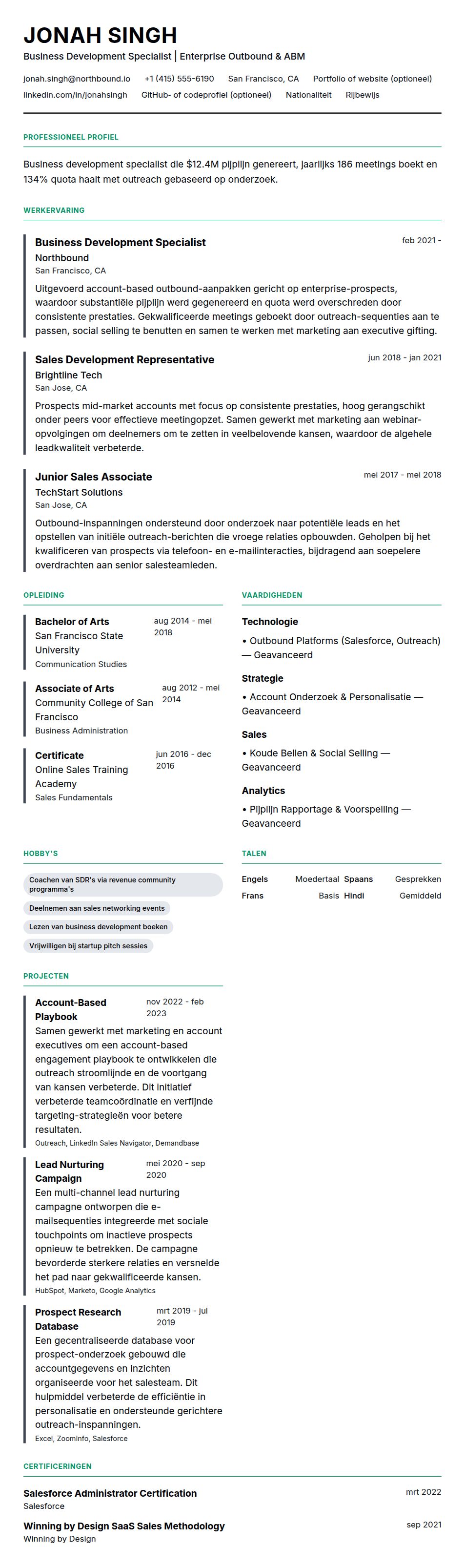 Cv-voorvertoning voor Voorbeeld CV Business Development Specialist