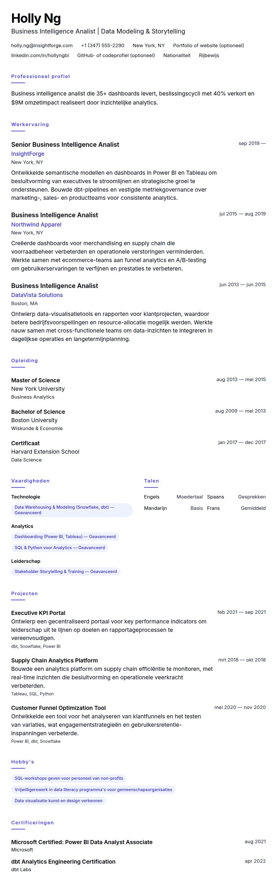 Cv-voorvertoning voor Voorbeeld cv Business Intelligence Analist