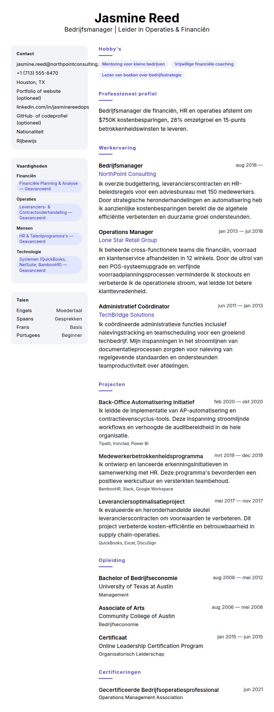 Cv-voorvertoning voor Bedrijfsmanager CV-voorbeeld