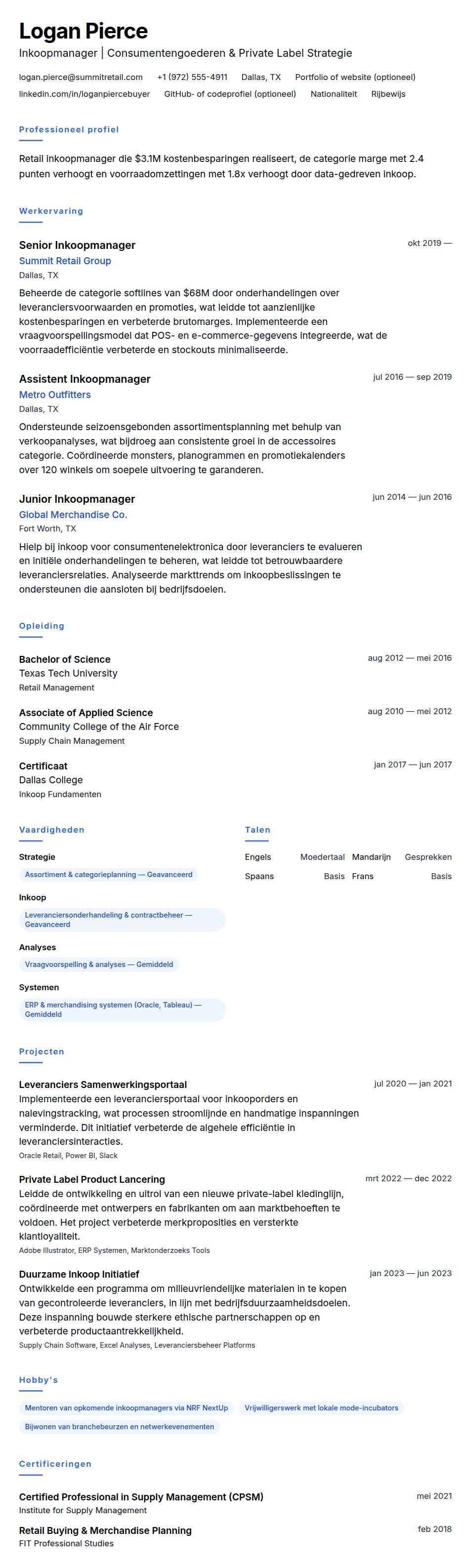 Cv-voorvertoning voor Voorbeeld CV Inkoopmanager