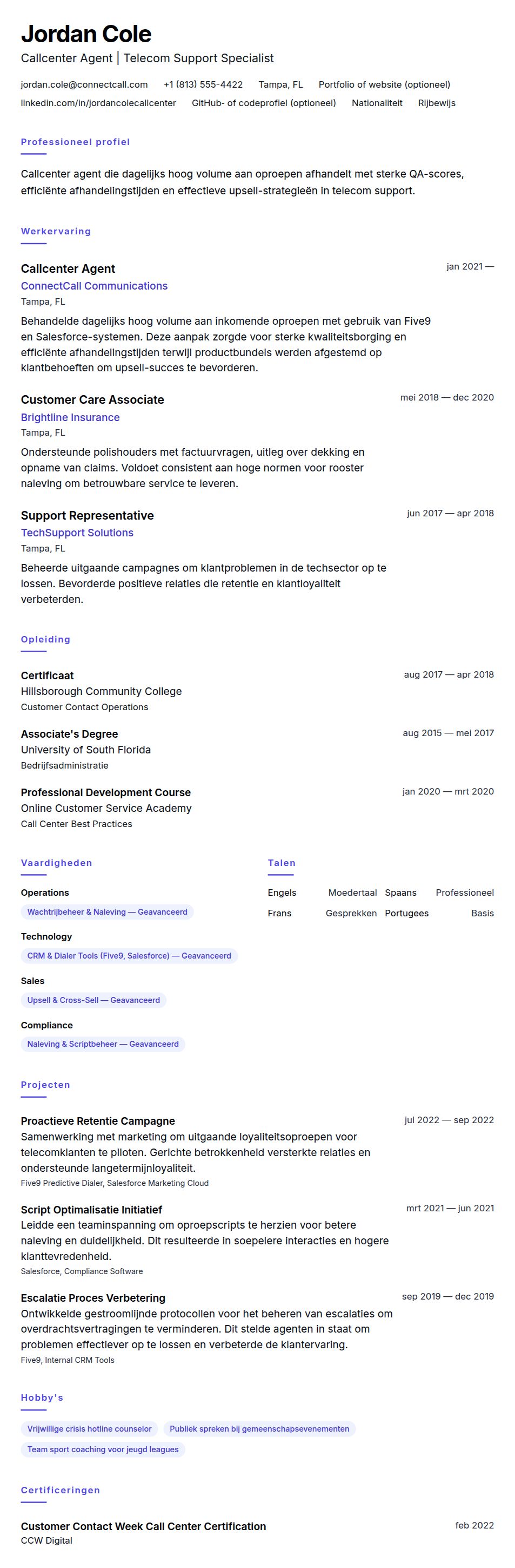 Cv-voorvertoning voor Voorbeeld CV Callcenter Agent