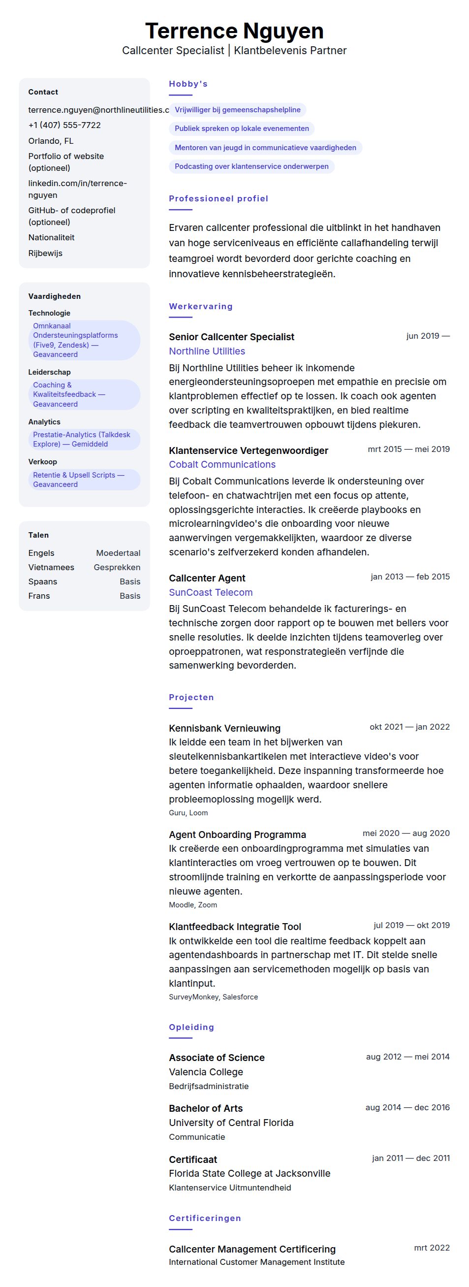Cv-voorvertoning voor Voorbeeld cv Callcenter Professional