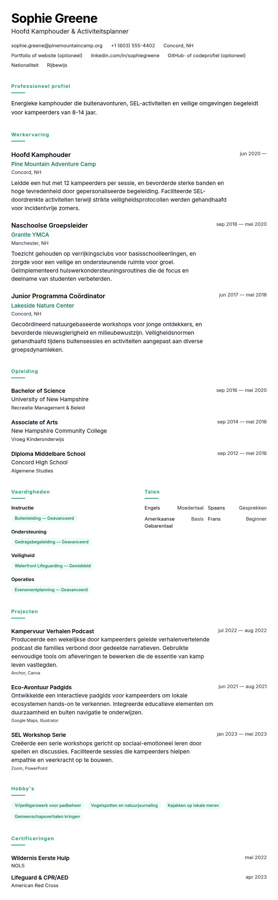 Cv-voorvertoning voor Kamphouder CV Voorbeeld