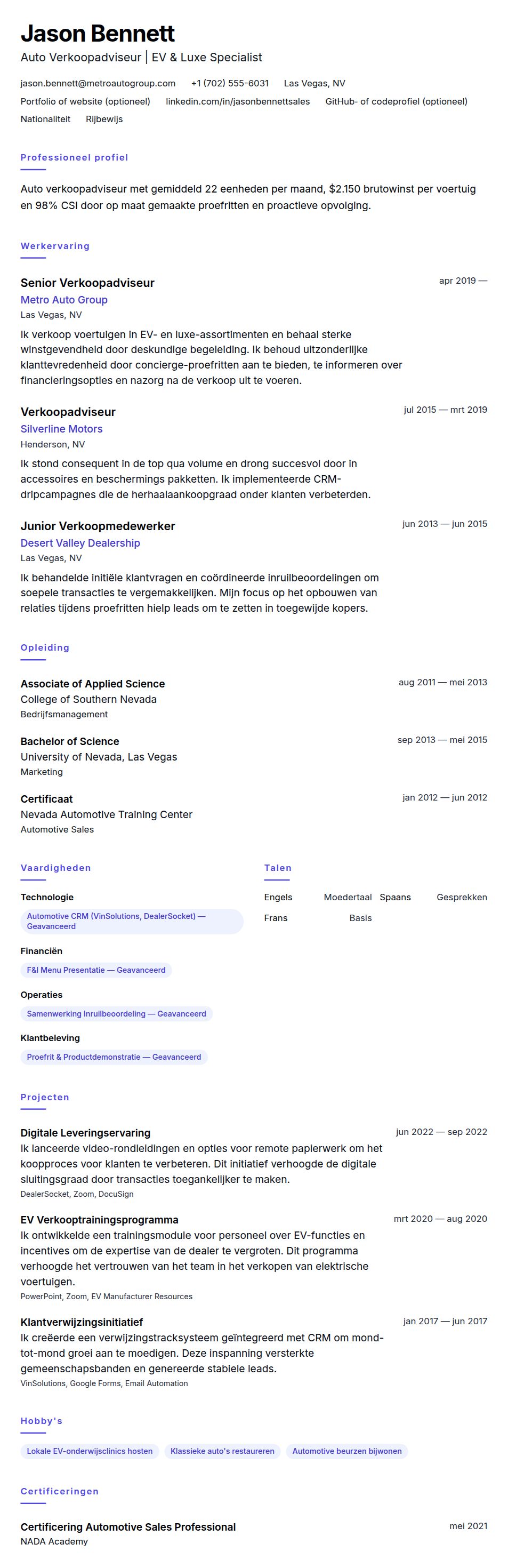 Cv-voorvertoning voor Voorbeeld CV Auto Verkoopadviseur