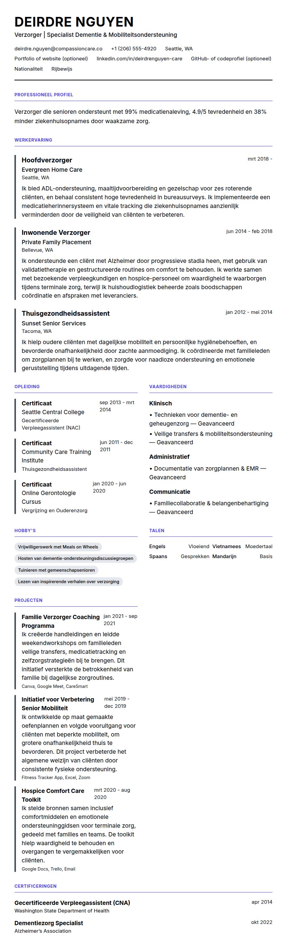 Cv-voorvertoning voor Voorbeeld CV Verzorger