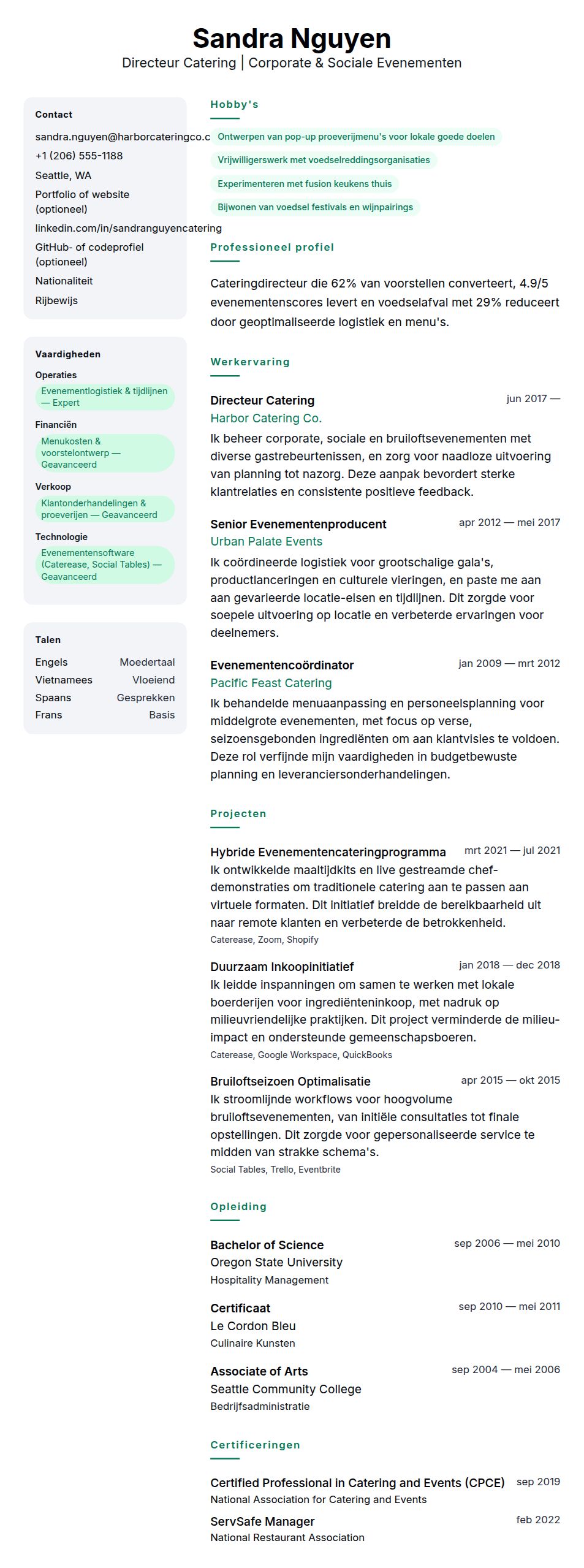 Cv-voorvertoning voor Voorbeeld CV Cateraar