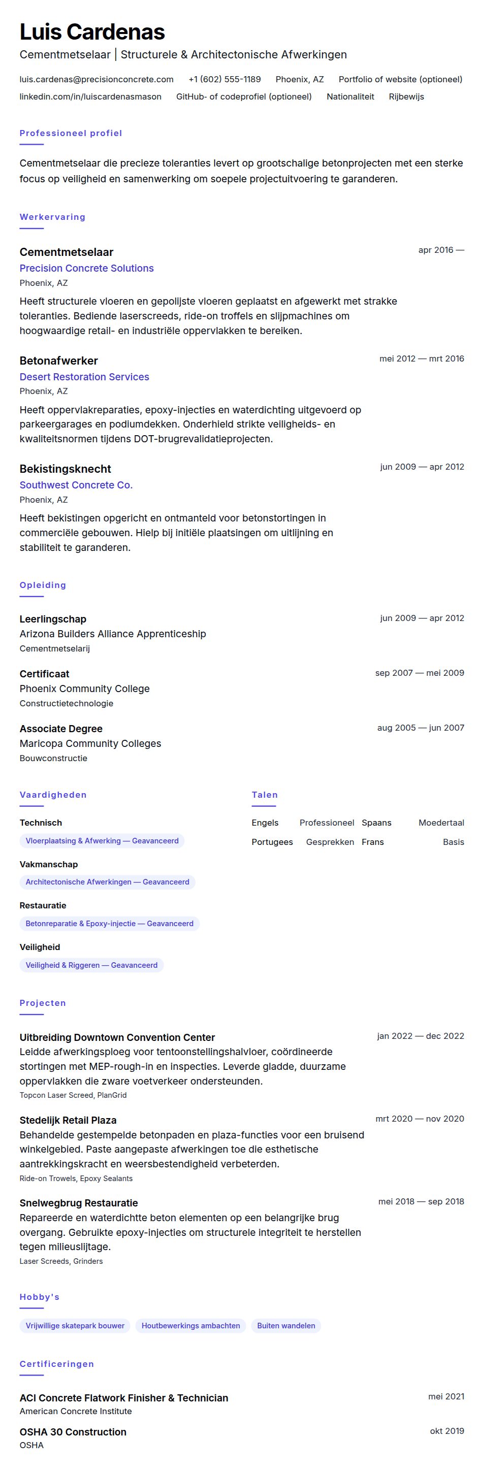 Cv-voorvertoning voor Voorbeeld cv Cementmetselaar