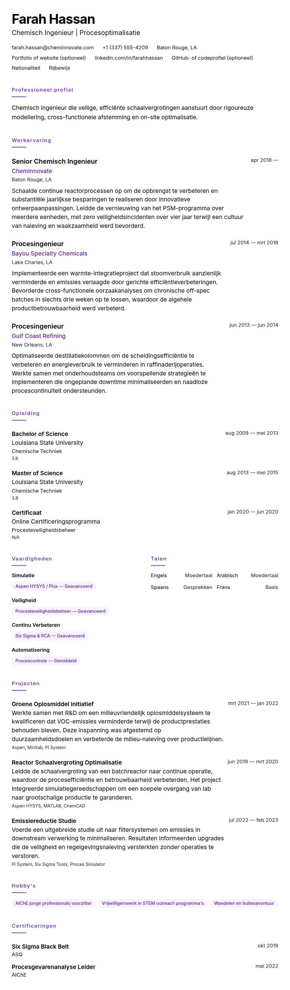 Cv-voorvertoning voor Chemisch Ingenieur CV Voorbeeld
