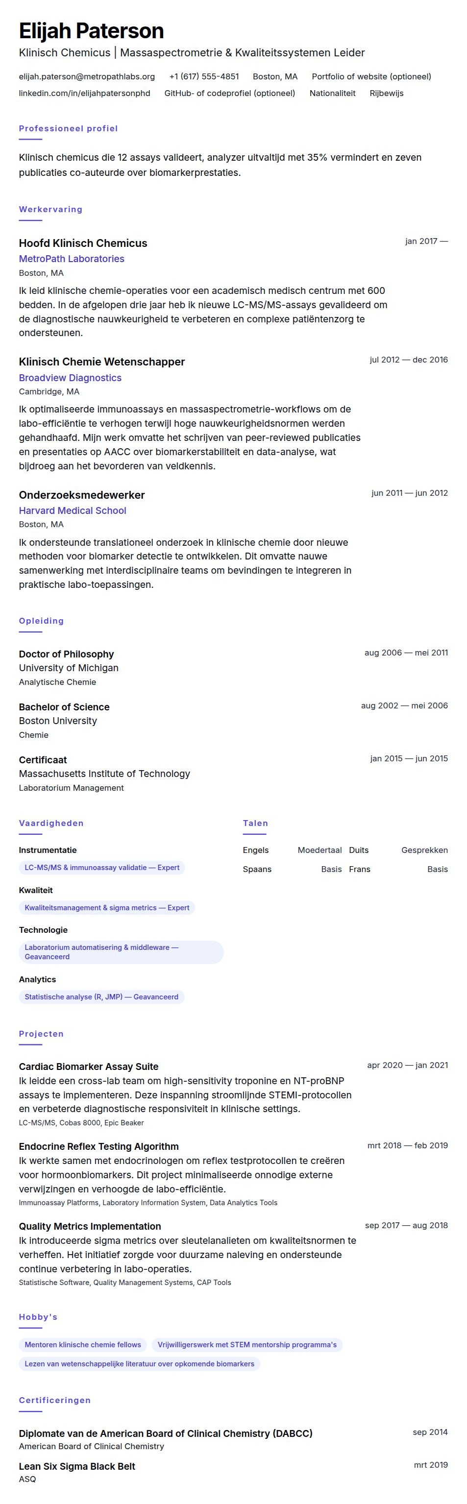 Cv-voorvertoning voor Voorbeeld CV Klinisch Chemicus