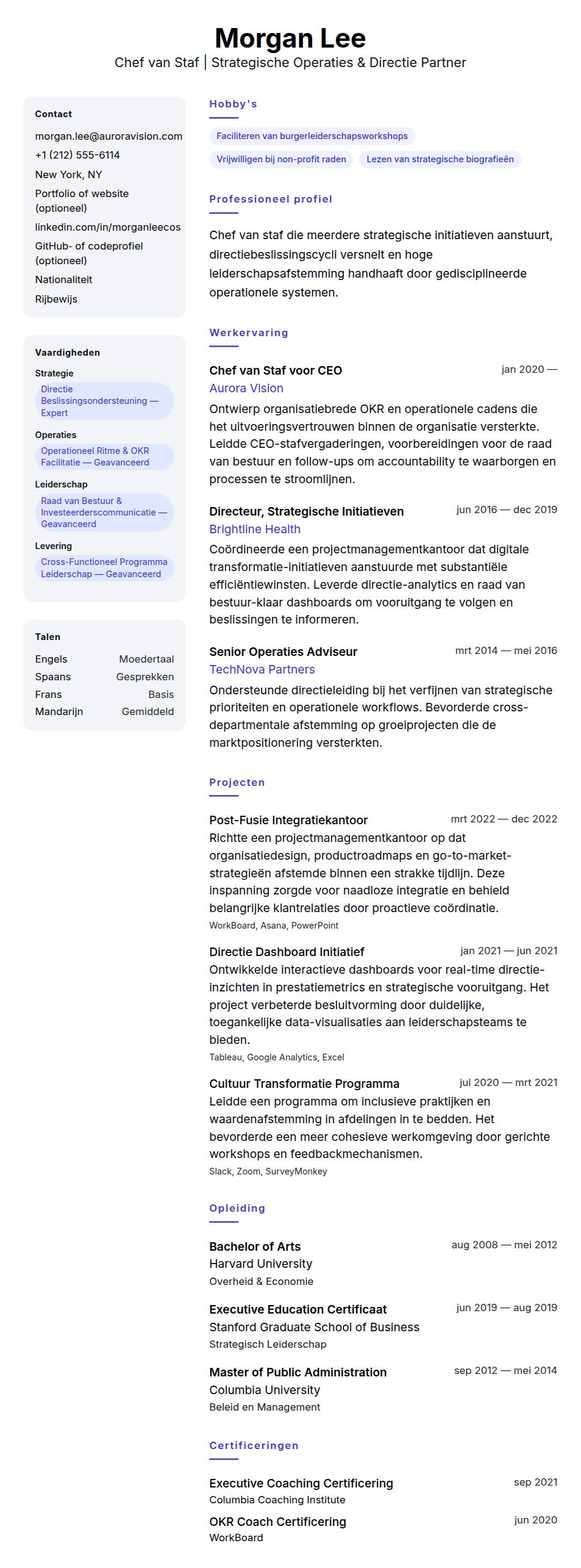 Chef van Staf CV Voorbeeld