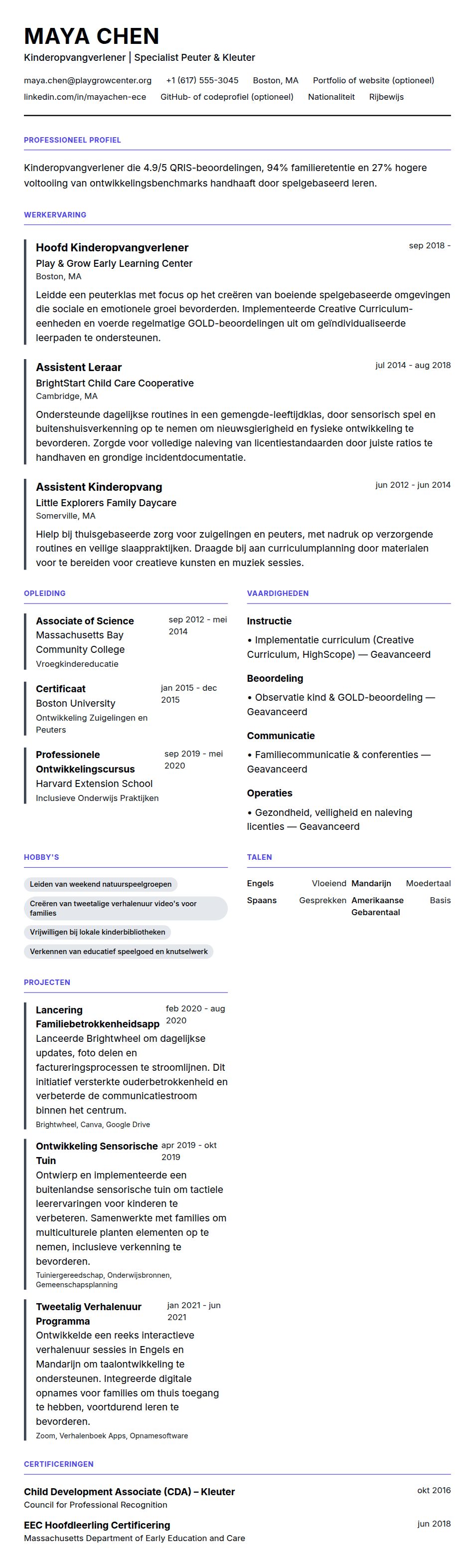 Cv-voorvertoning voor Voorbeeld cv kinderopvangverlener