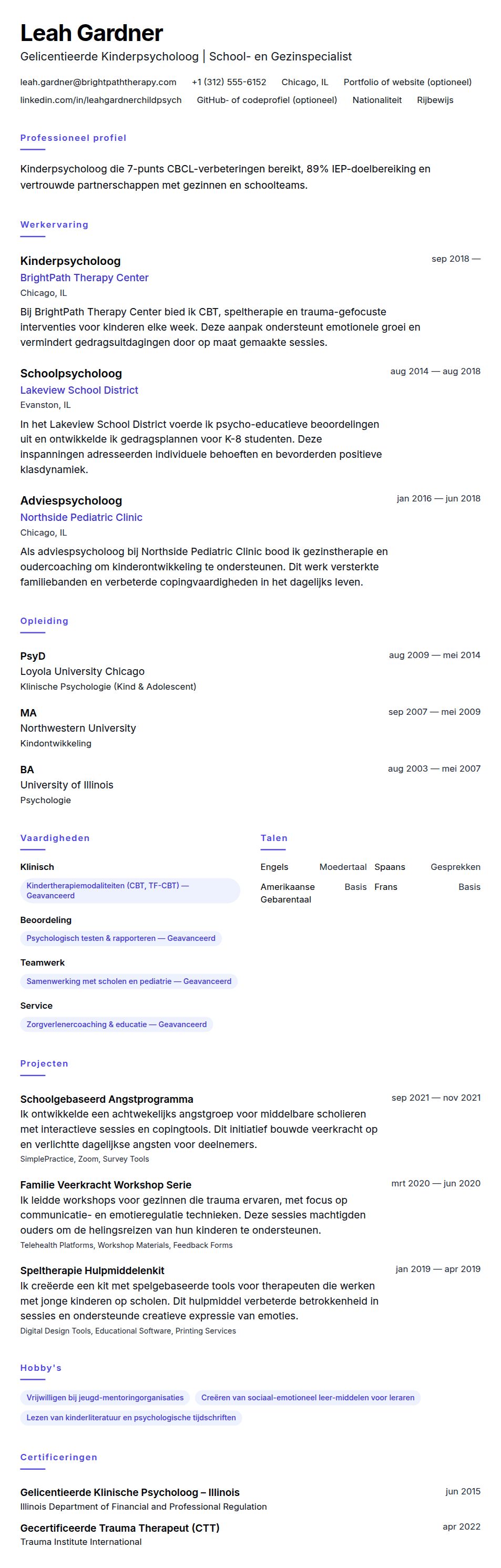 Cv-voorvertoning voor Voorbeeld CV Kinderpsycholoog