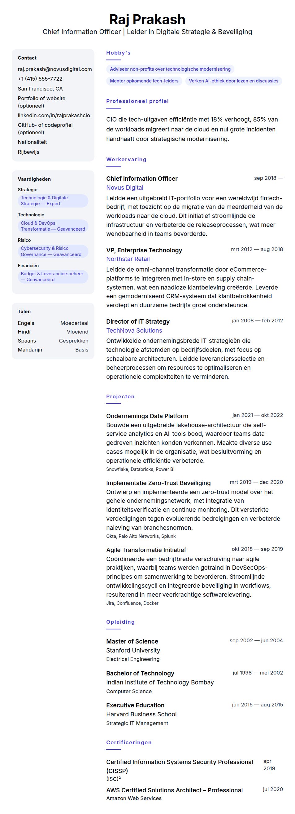 Cv-voorvertoning voor Voorbeeld CV Chief Information Officer