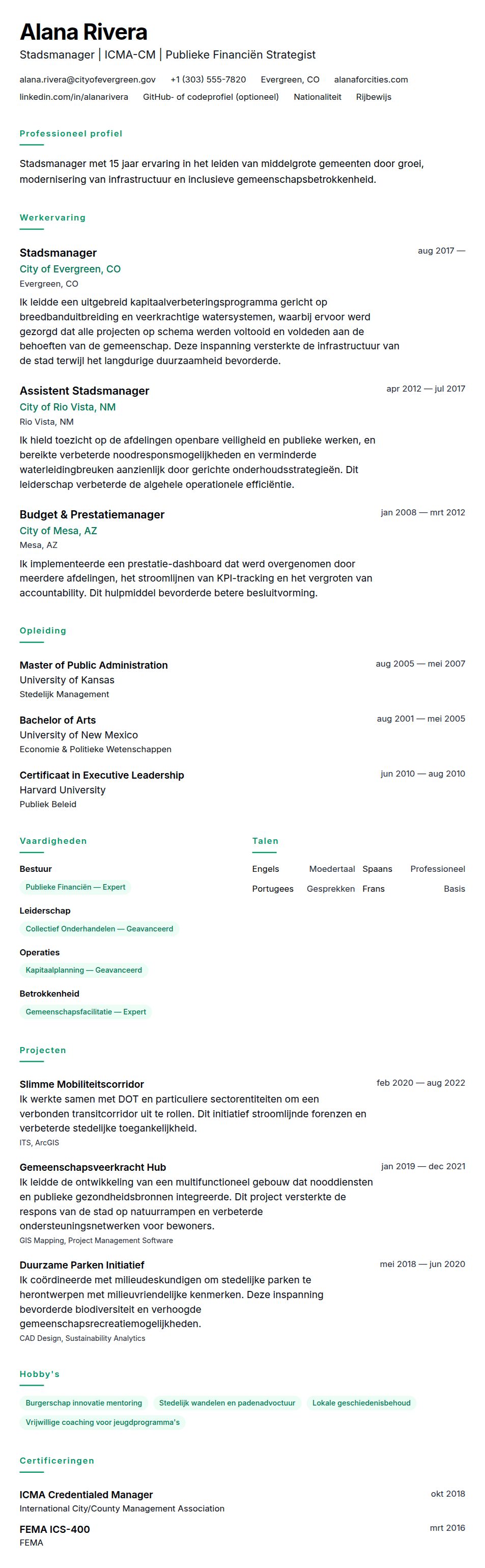 Voorbeeld Stadsmanager CV