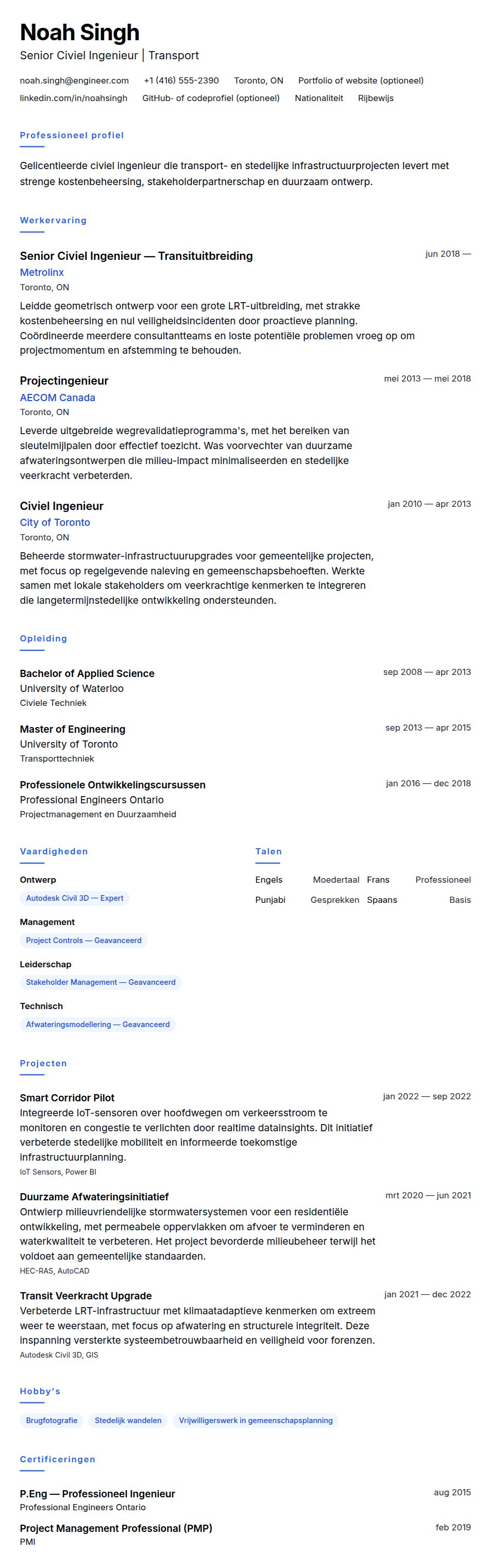 Voorbeeld cv Civiel Ingenieur