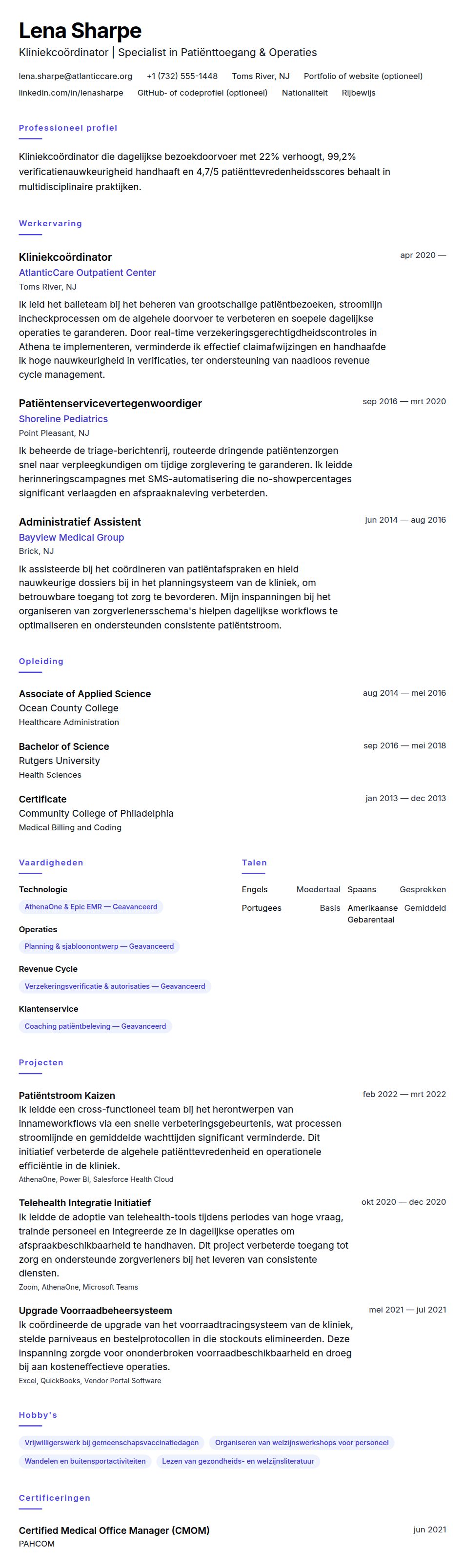 Cv-voorvertoning voor Voorbeeld CV Kliniekcoördinator