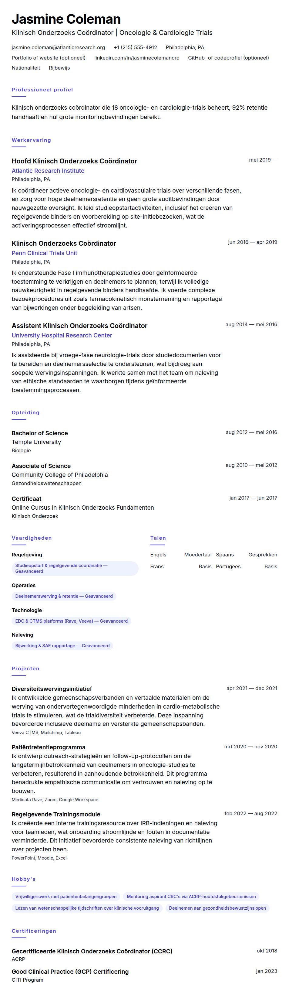 Voorbeeld CV Klinisch Onderzoeks Coördinator